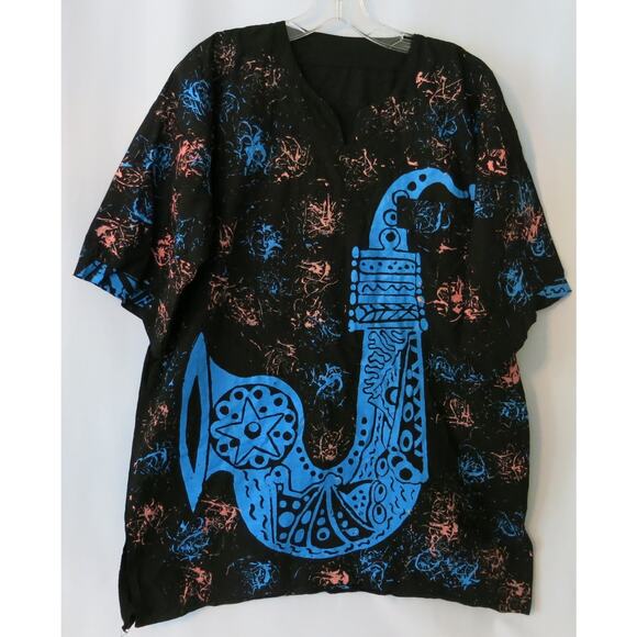 AFRICAN Handmade Dashiki Mens Shirt Saxophone Short Sleeve Black Blue One Size - Picture 1 of 13